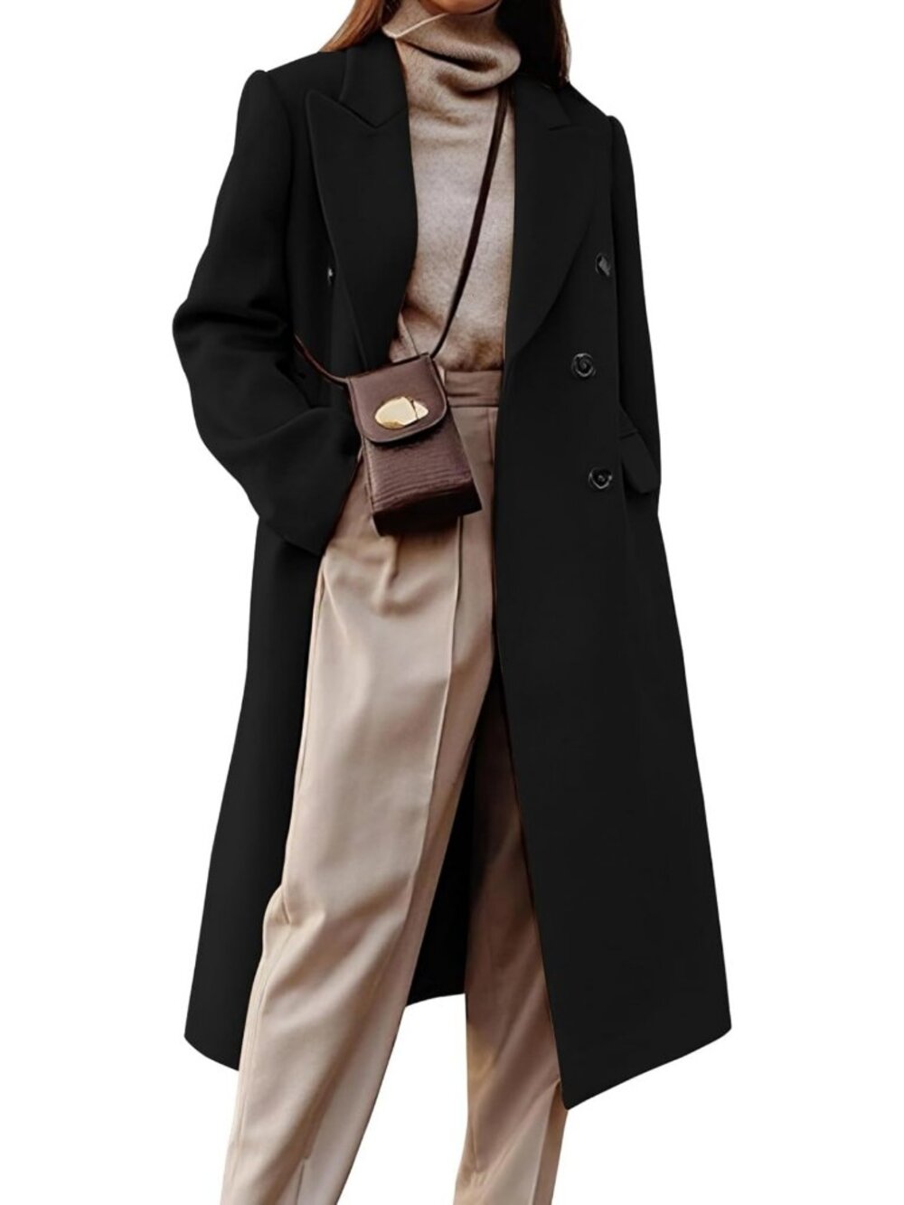 Chic Women's Long Wool Trench Coat - Double Breasted Peacoat for Fall & Winter